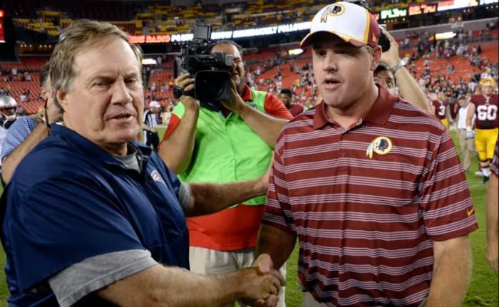 Belichick, shaking hands with then-Redskins head coach Jay Gruden, would find his way to Washington if a theory from Mike Florio comes to fruition